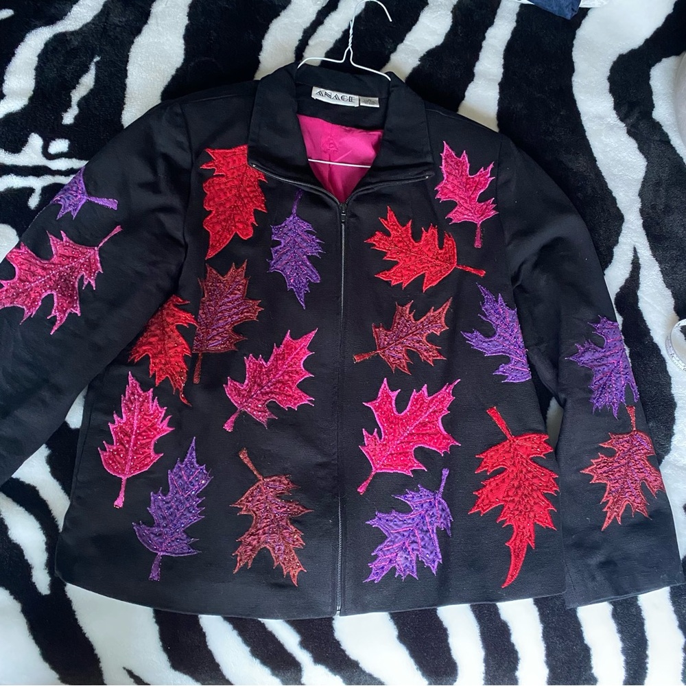 RARE Anage Vintage Leaf Motif Metallic Embroidered Beaded Jacket size XL EUC